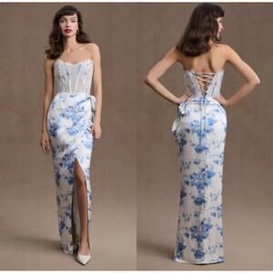 V. Chapman Wrap-Skirt Lace-Corset Front-Slit Column Gown Blue Size 10 NWOT